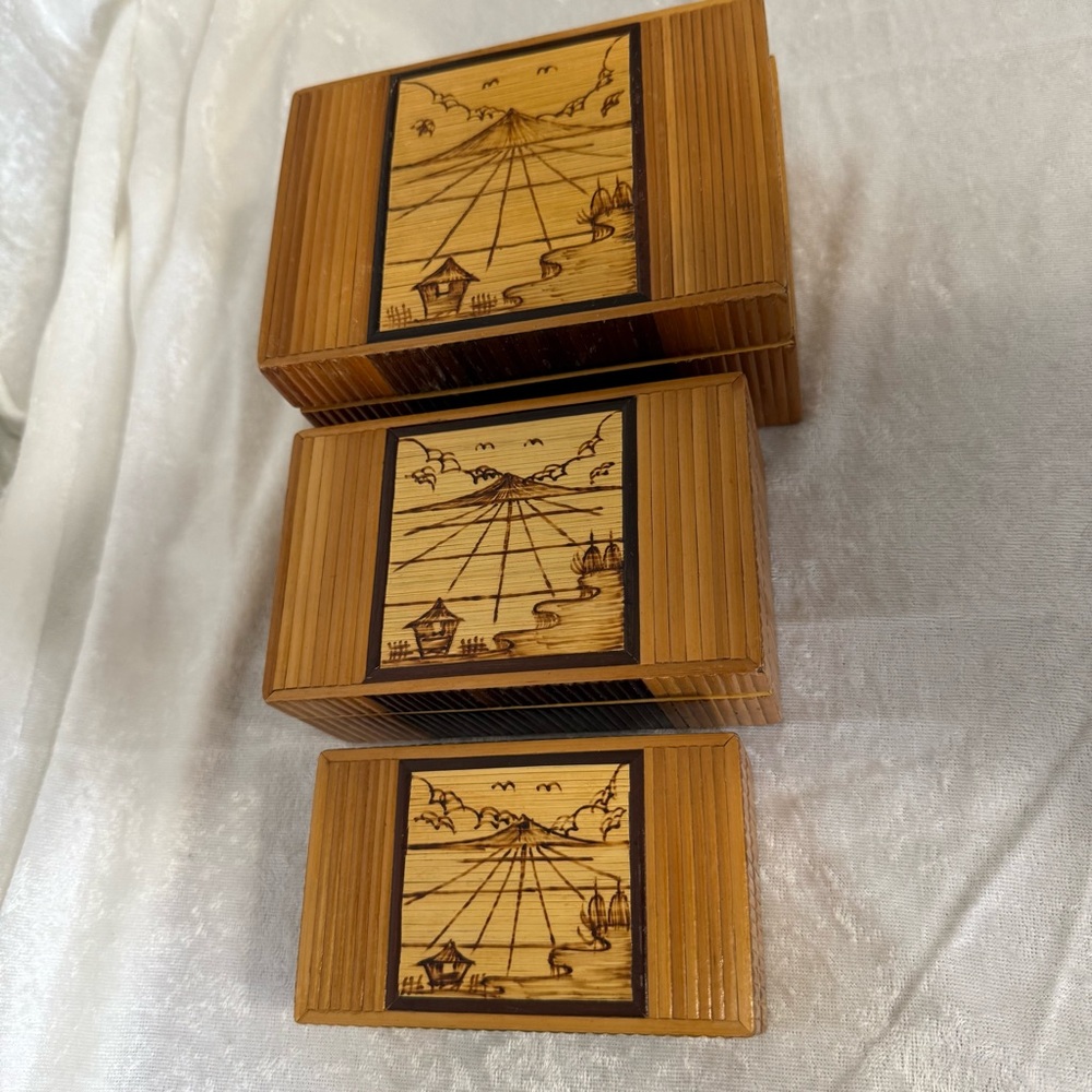 Wooden Nesting/Stacking Boxes Set of 3 Made Of Bamboo and Etched Light‎ Lacquer